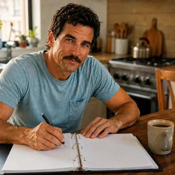 Paul Raymond filling in the binder at a kitchen table